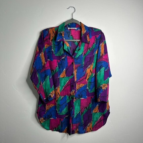 80s vintage multi-coloured abstract print button-up shirt missing last button - Picture 1 of 4